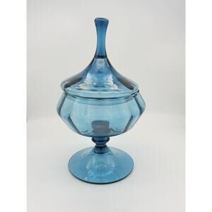 Vintage MCM Empoli Apothecary Blue Glass Circus Tent Lidded Candy Jar Italy 9"